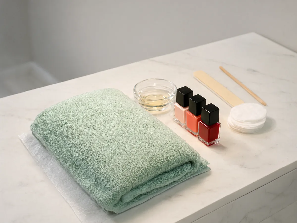 A manicure table set with a towel, polish bottles, an emery board and cotton pads
