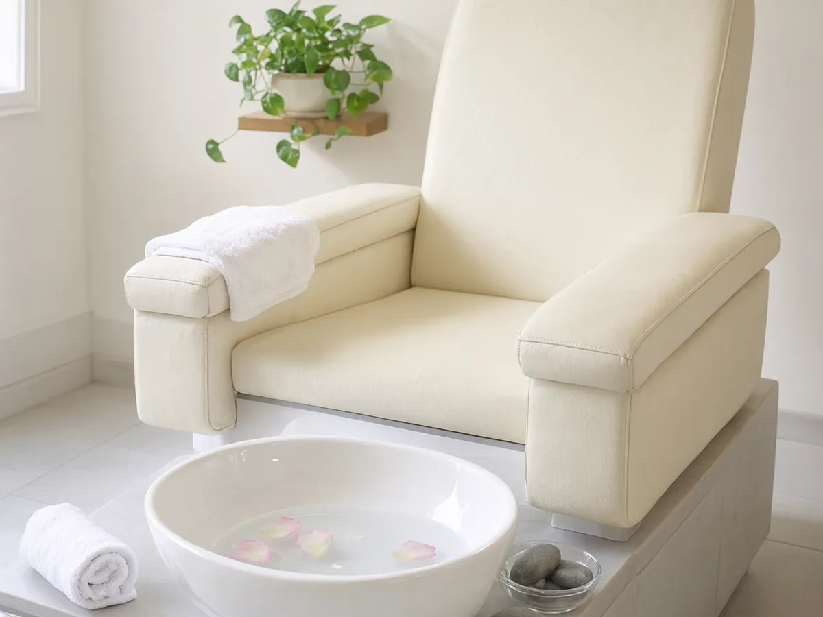 A cream pedicure chair with a foot basin of clear water and rose petals