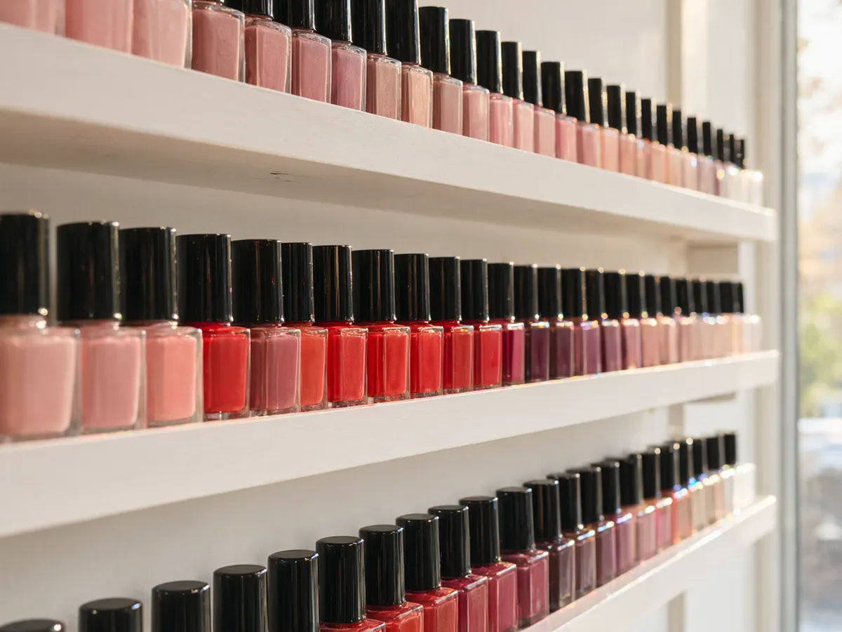 Shelves of nail polish in rows of pink, coral, red, berry and nude